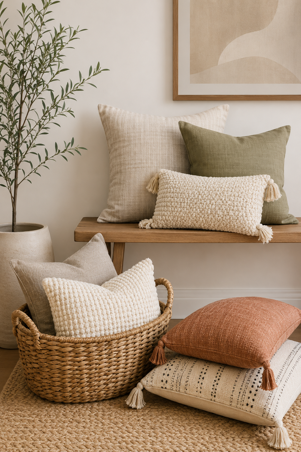Layered bedroom pillows and cushions