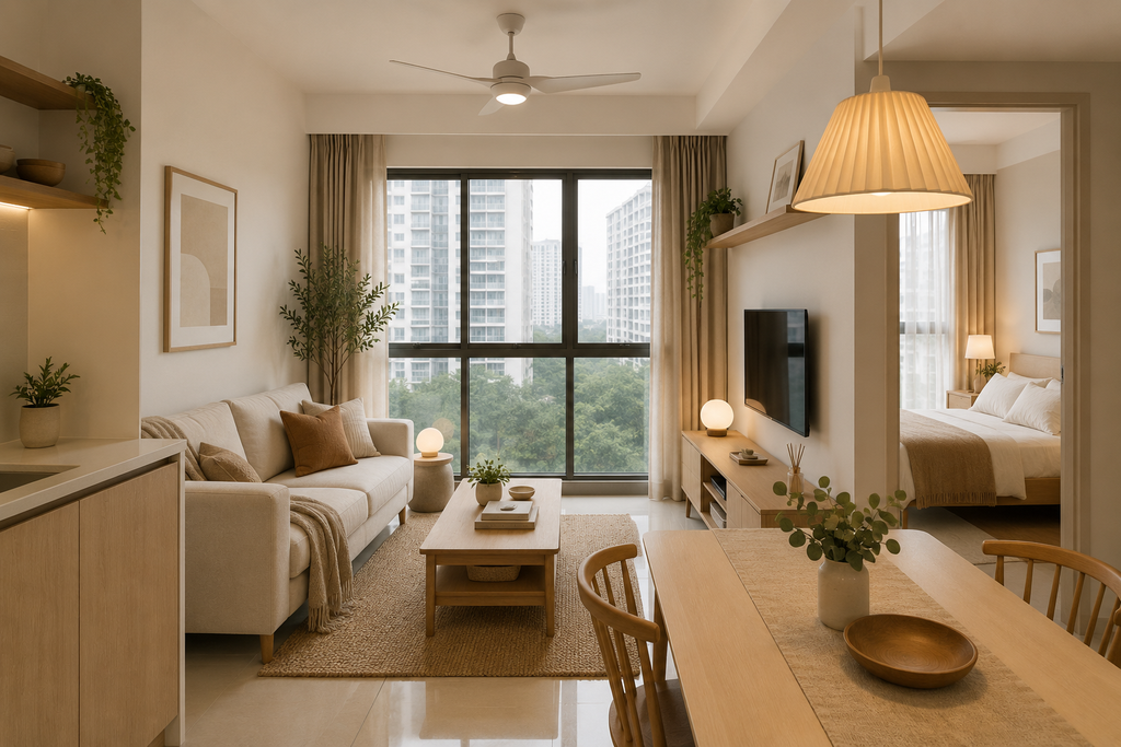 Neutral bedroom with practical storage and soft textures