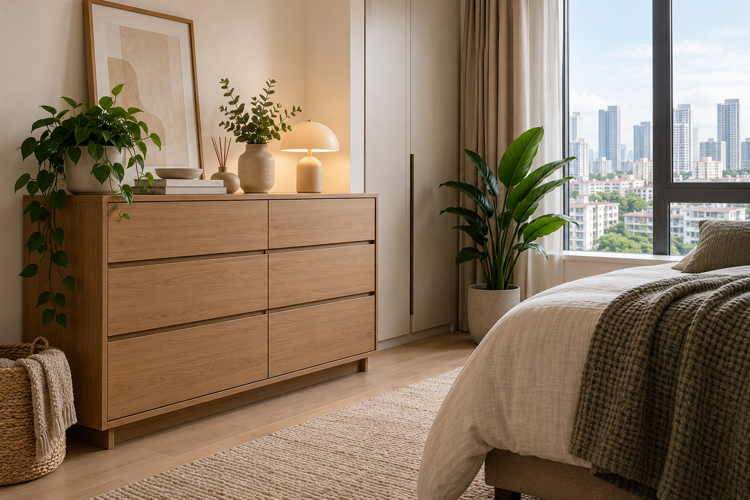 Warm neutral bedroom with a wooden dresser in a Singapore apartment