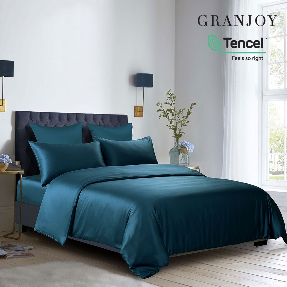 Navy Tencel bed sheet set for a luxury hotel-inspired bedroom