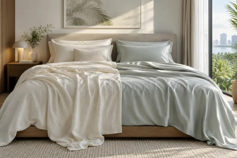 Bamboo and Tencel-style bedsheets in a bright Singapore bedroom