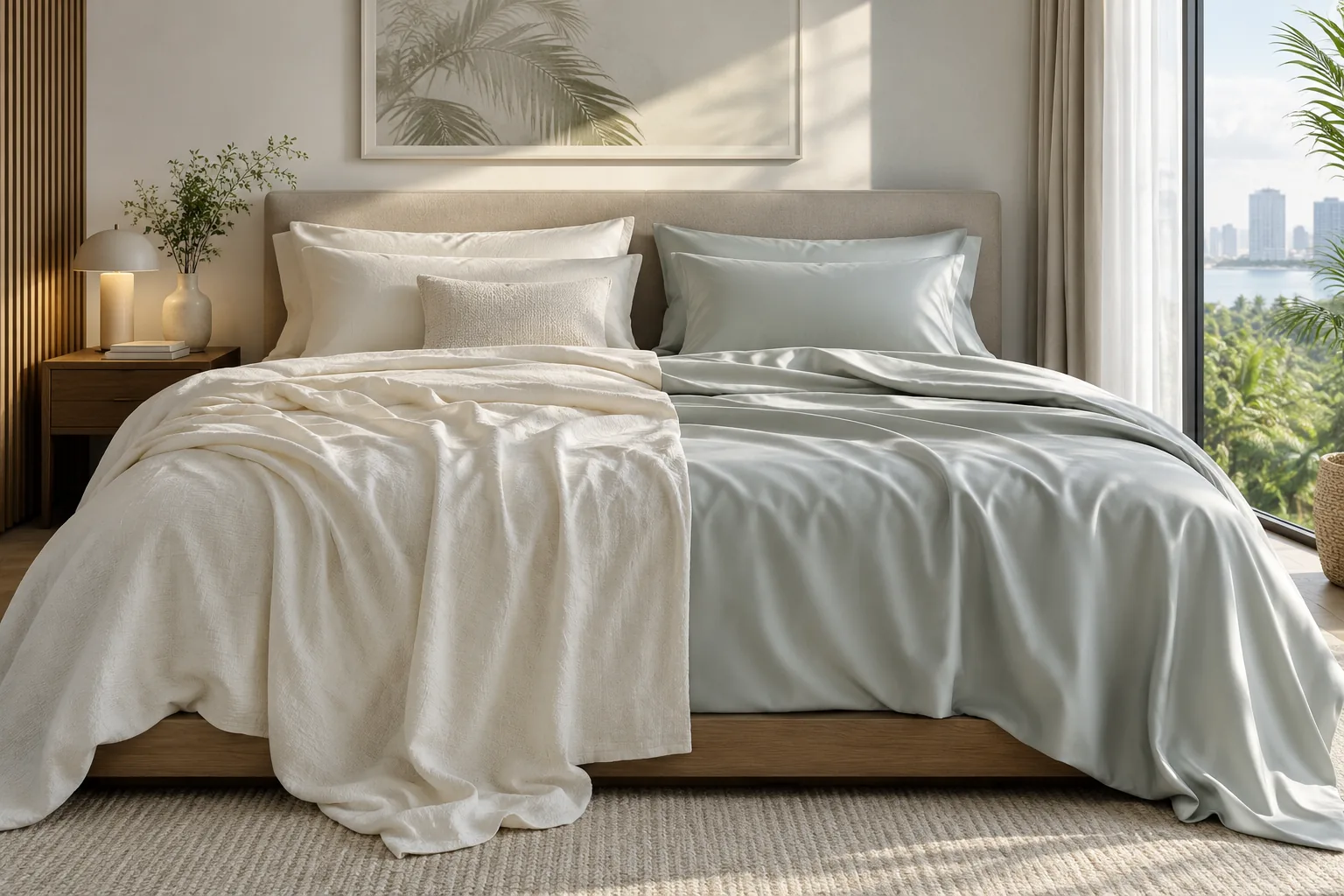 Bamboo and Tencel-style bedsheets in a bright Singapore bedroom
