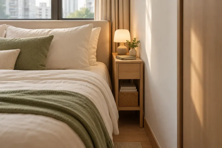 Slim bedside table beside a bed in a compact Singapore bedroom