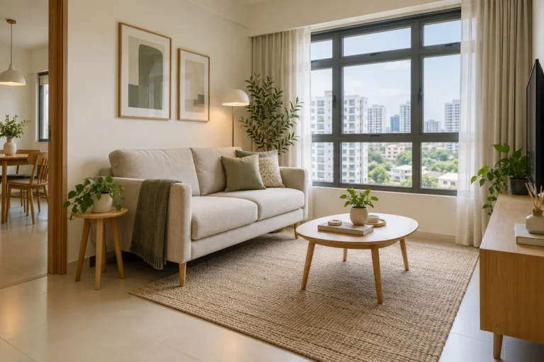 Compact two-seat sofa in a small HDB living room