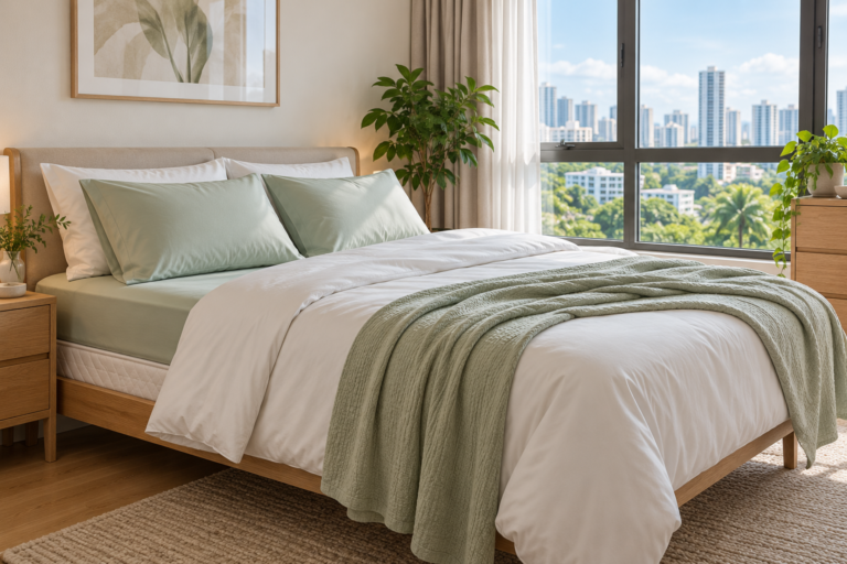 Cooling bamboo and Tencel-style bedding in a bright Singapore bedroom