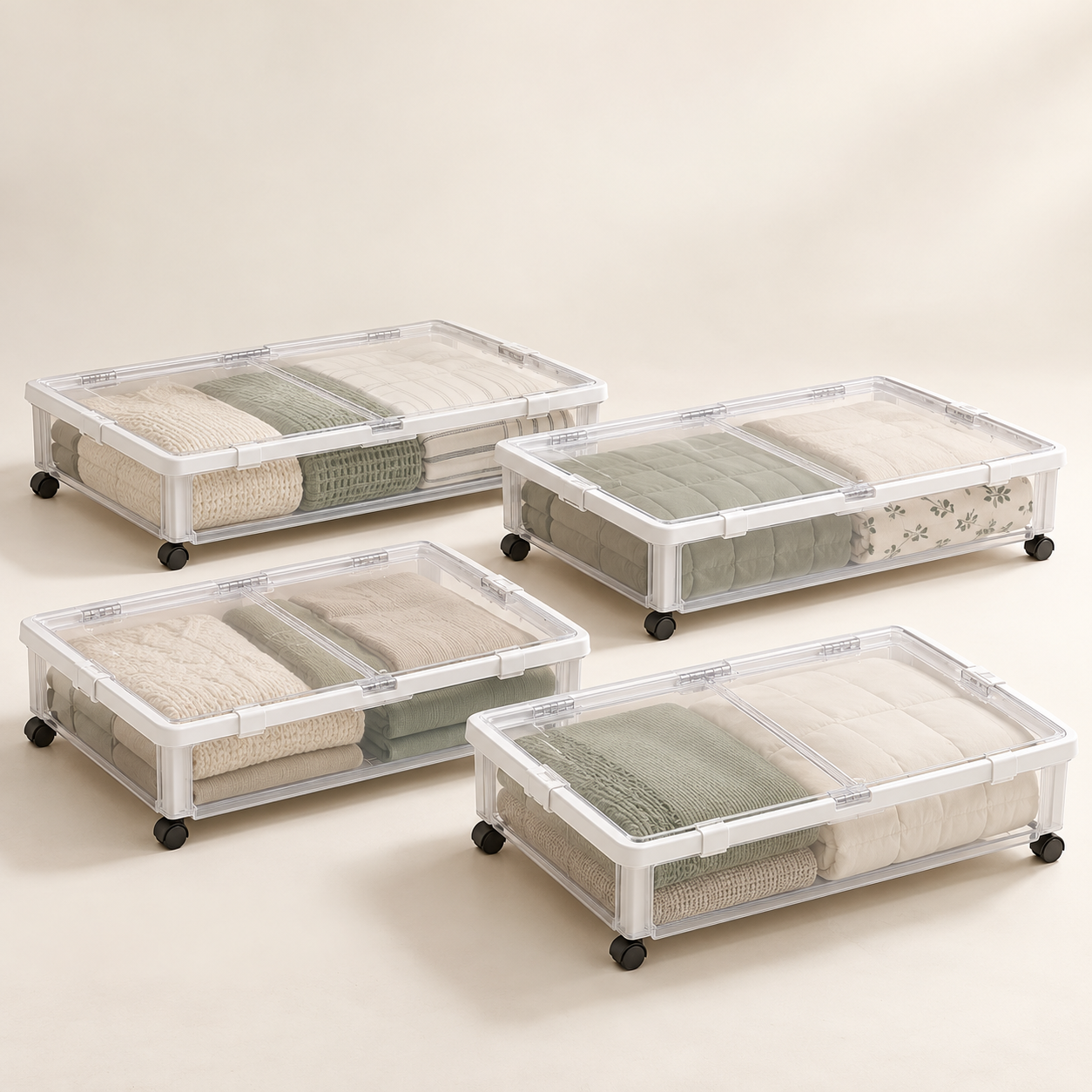 Example of four transparent wheeled under-bed storage bins