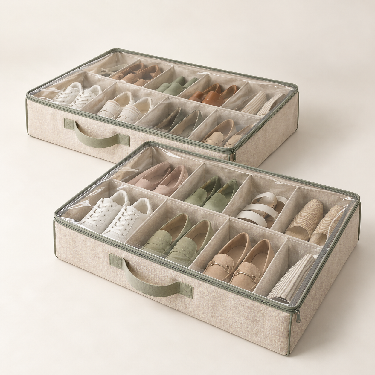 Example of two divided under-bed shoe organisers with clear covers
