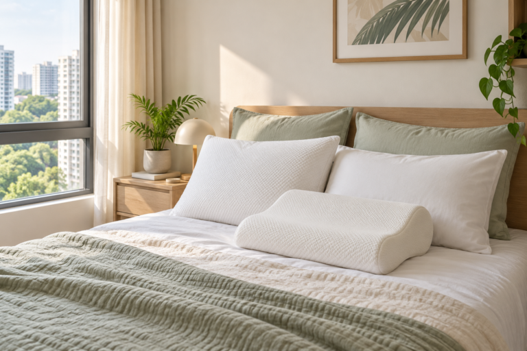 Cooling pillows arranged on a bed in a compact Singapore HDB bedroom.