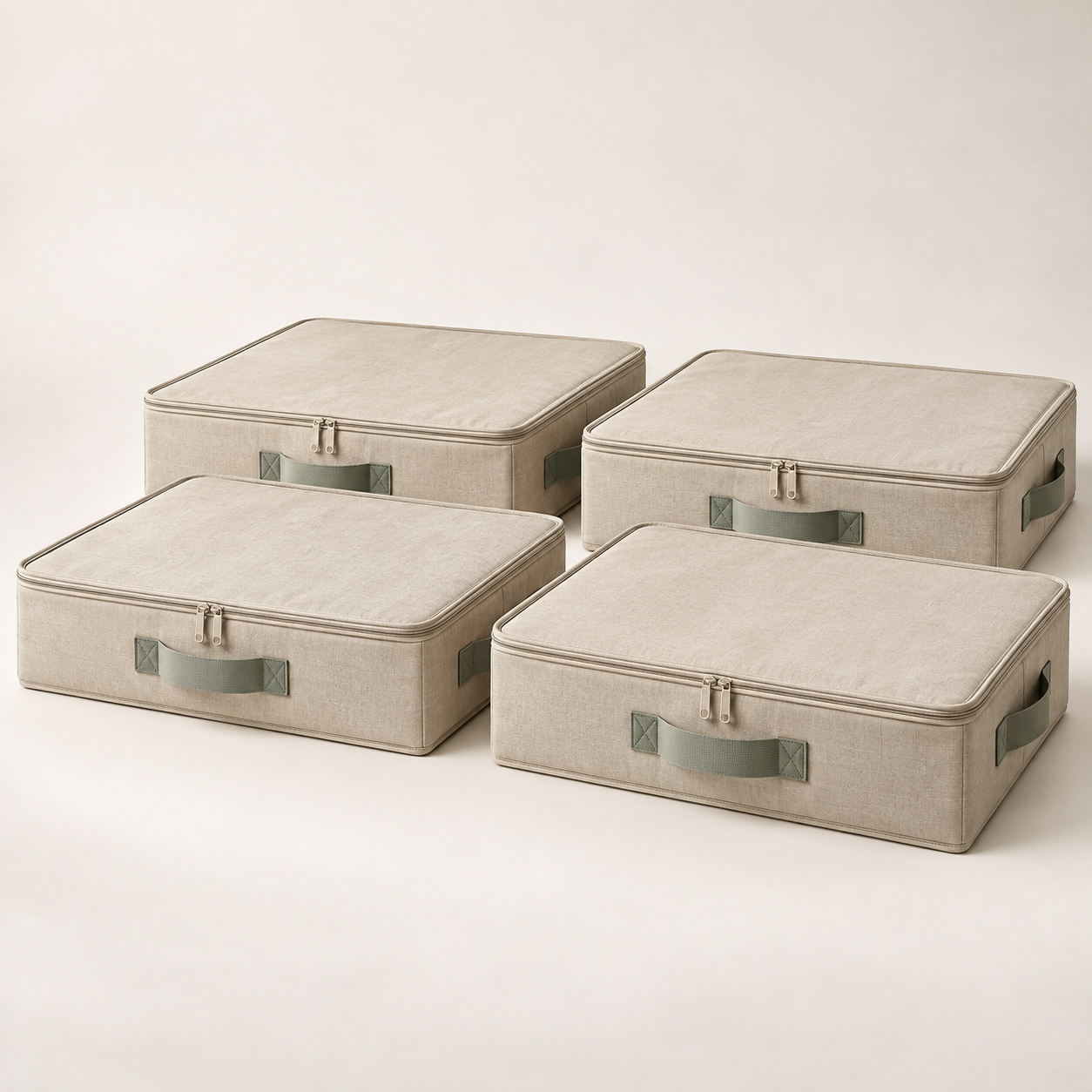 Example of four beige fabric under-bed storage bins with handles