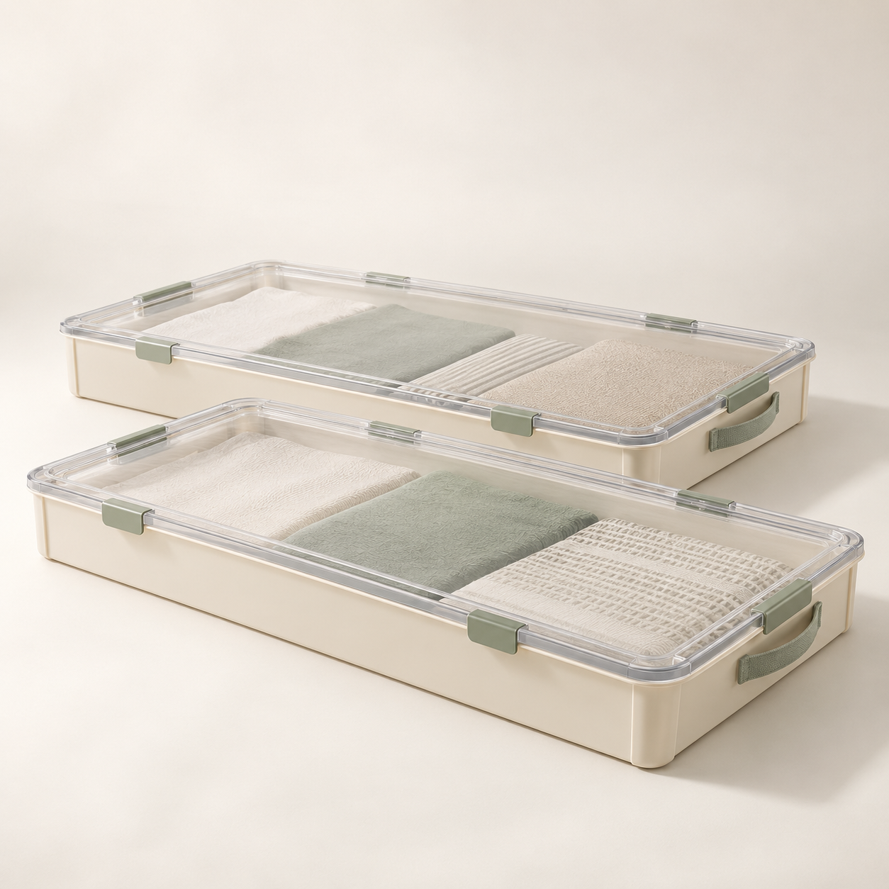 Example of two slim rigid under-bed storage boxes with clear lids