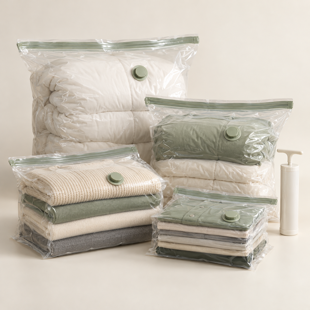 Example of vacuum storage bags for bedding and clothing with a hand pump