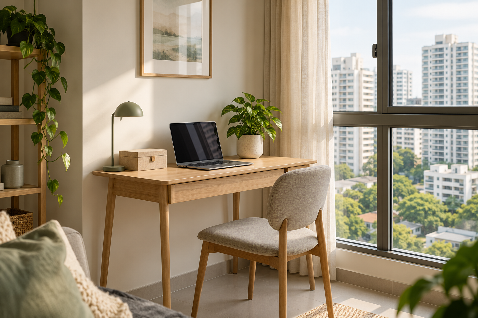 Compact light wood desk in a bright Singapore HDB home office