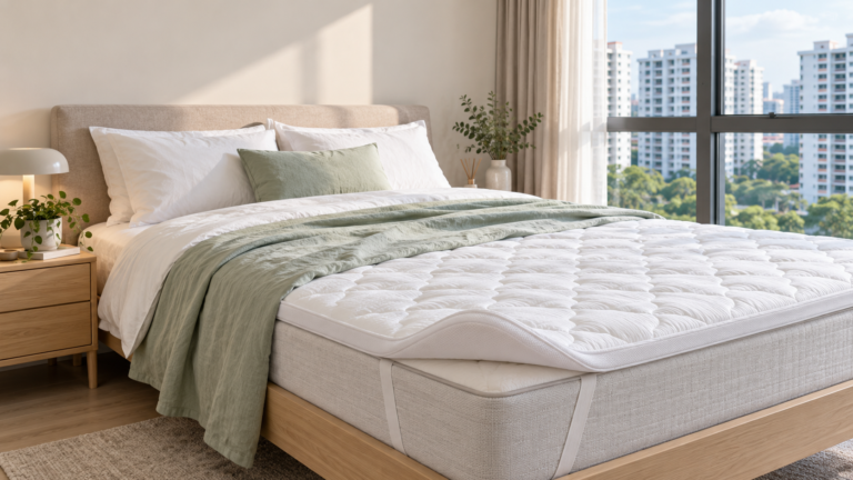 Cooling mattress topper on a bed in a bright Singapore HDB bedroom
