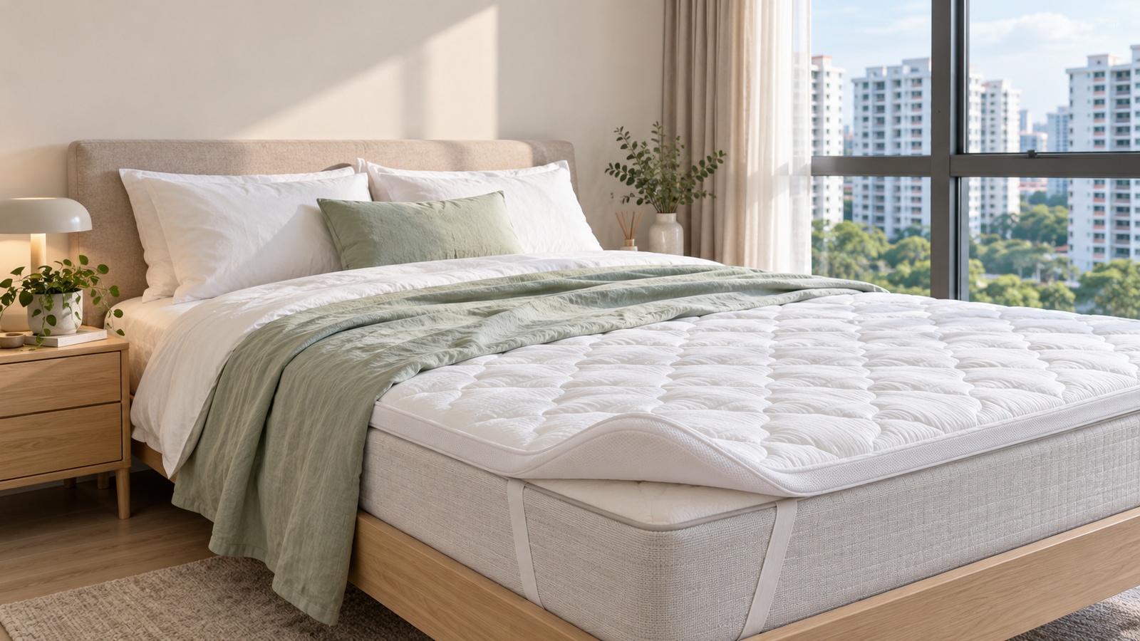 Cooling mattress topper on a bed in a bright Singapore HDB bedroom