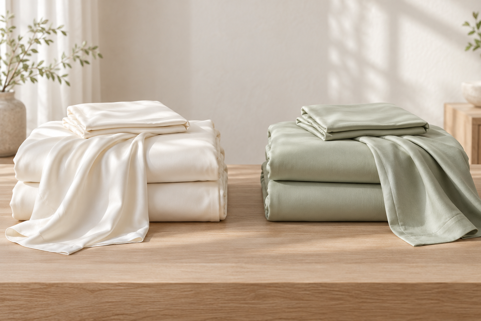 Illustrative comparison of ivory bamboo sheets and pale sage Tencel sheets