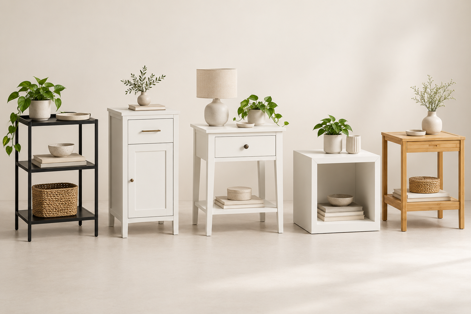 Illustrative comparison of five bedside table styles for small bedrooms