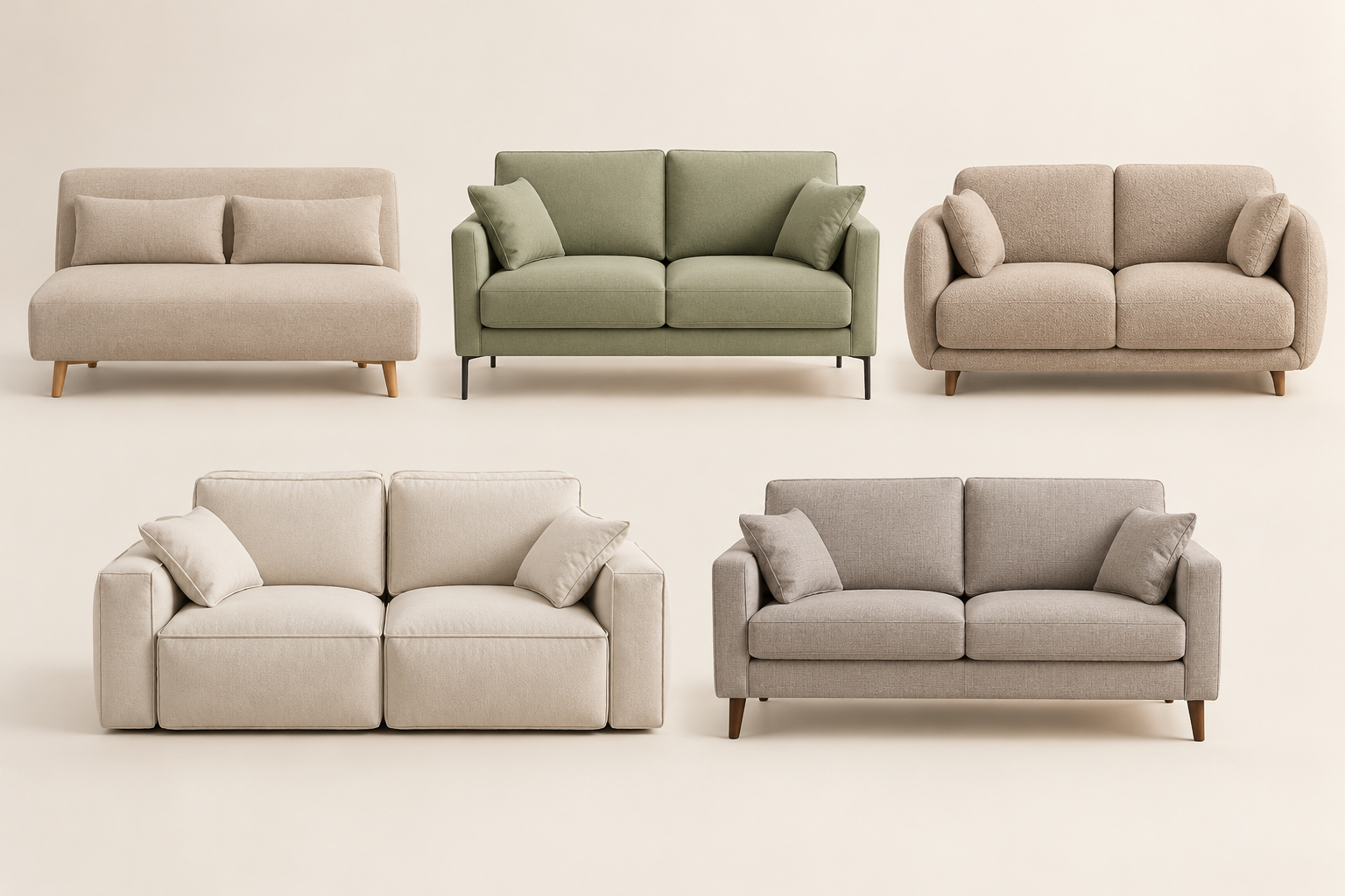Illustrative comparison of five compact sofa styles for small HDB living rooms