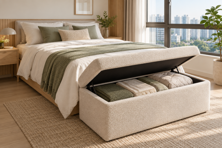 Cream storage ottoman with folded bedding in a compact HDB bedroom