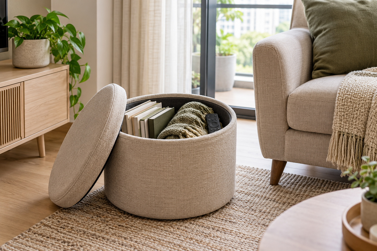 Round storage ottoman with books and throw in a small HDB living room
