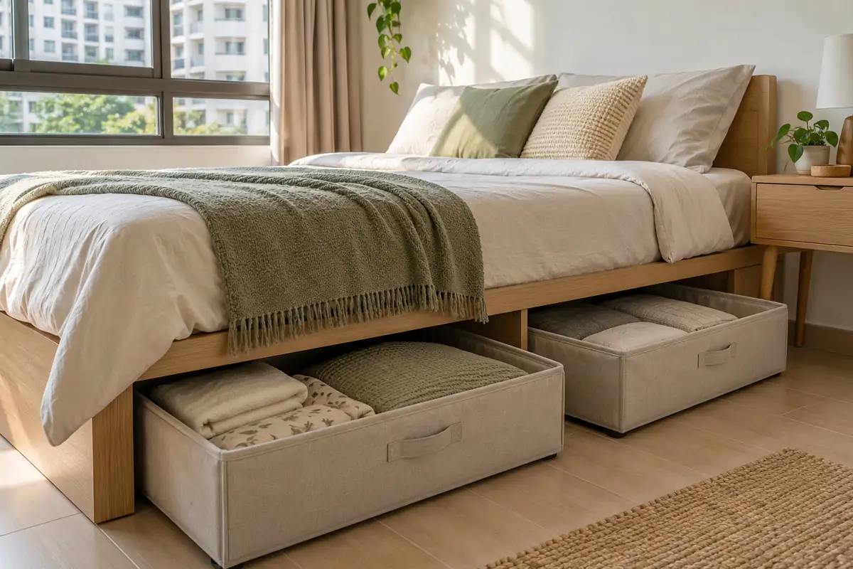 Organised under-bed storage in a compact Singapore HDB bedroom