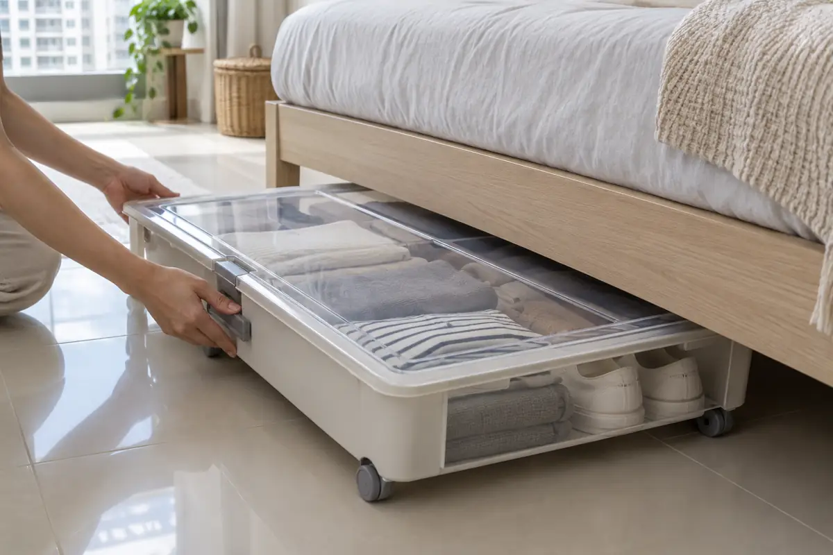 Wheeled under-bed organiser with clear lid in a small bedroom