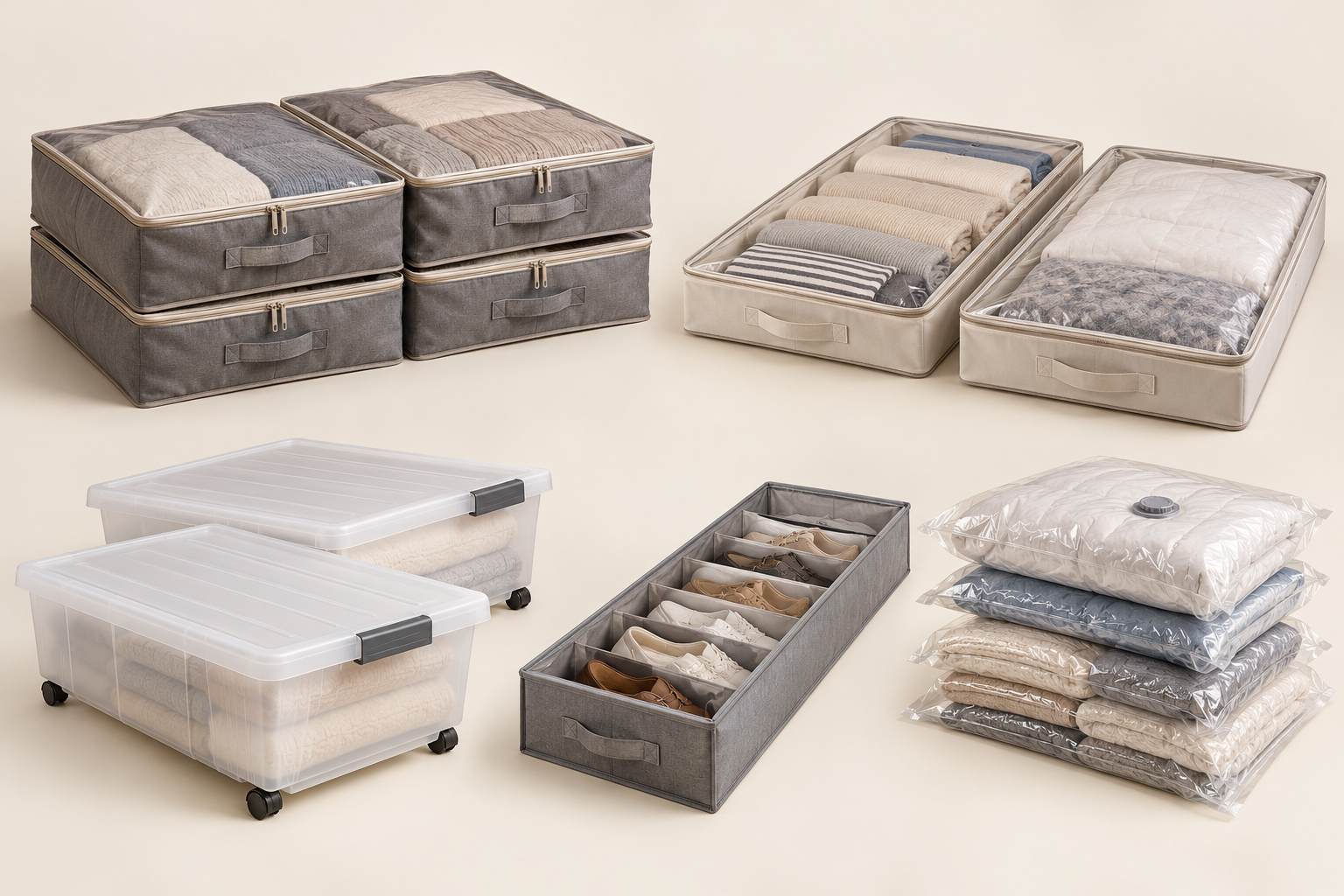 Illustrative comparison of five under-bed storage styles for HDB bedrooms