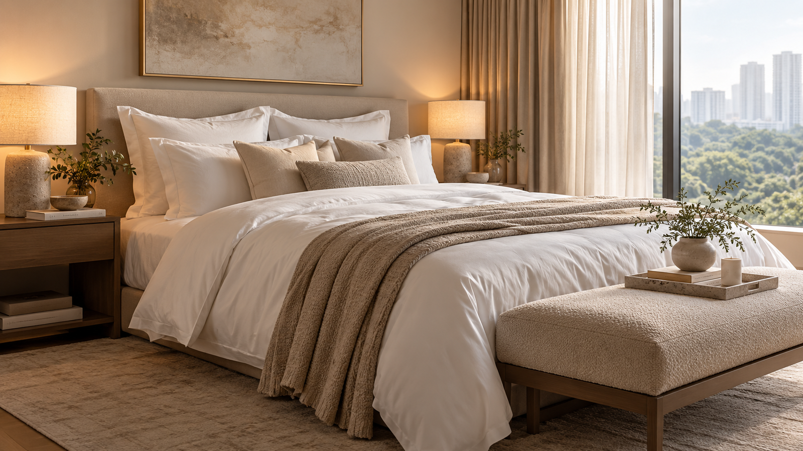 Luxury bedroom with layered bedding, bedside lighting and neutral decor