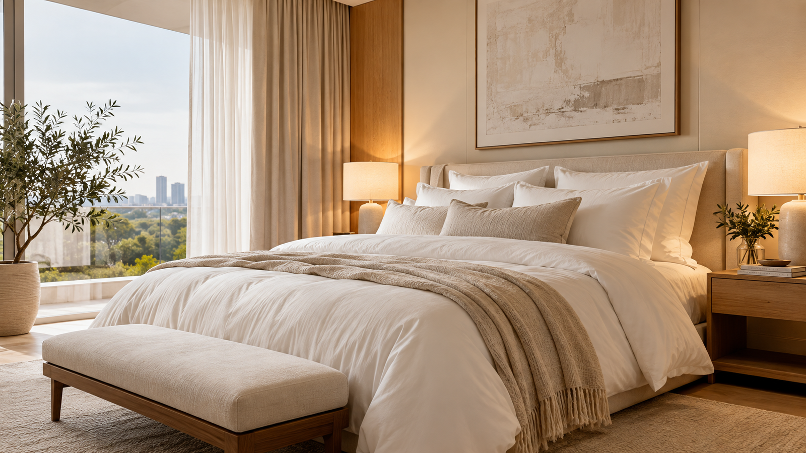 Luxury hotel bedroom ideas with layered neutral bedding and warm lighting