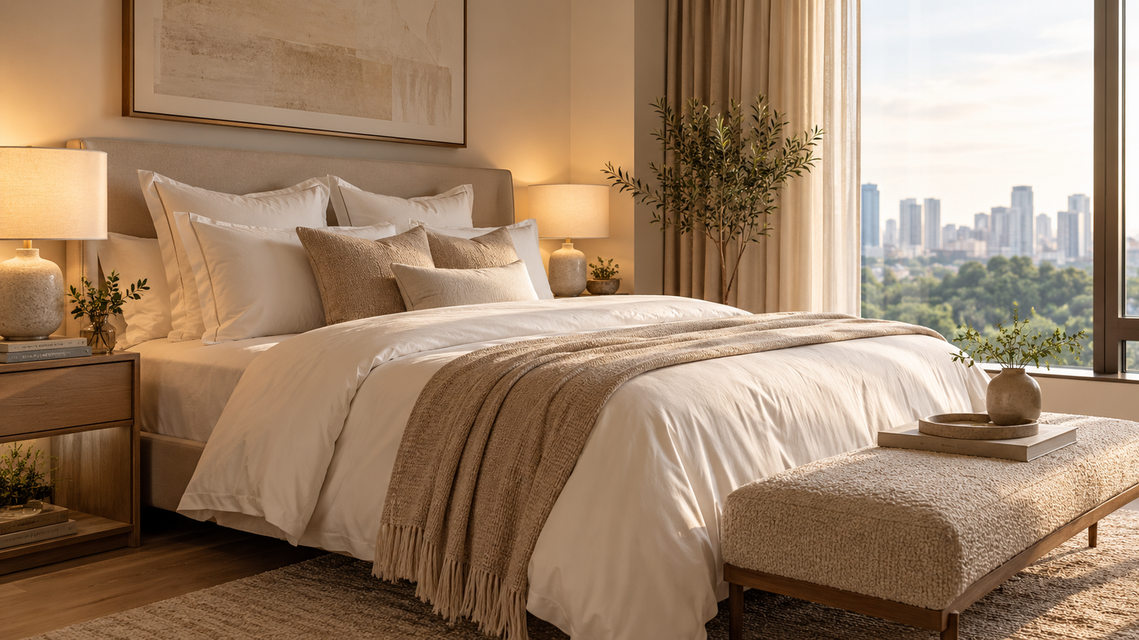 Luxury hotel-inspired bedroom with layered neutral bedding